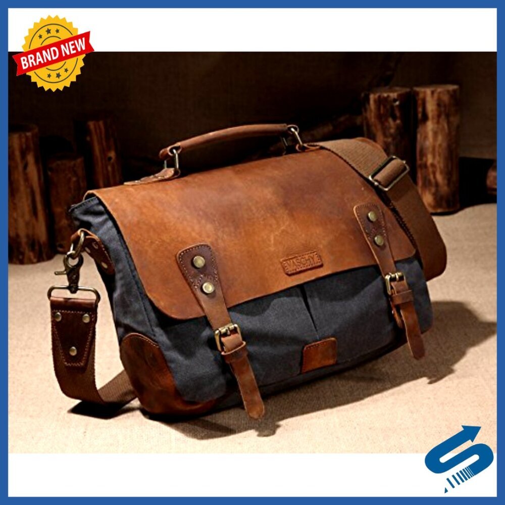 Vintage Leather Canvas Messenger Bag Crossbody Satchel 14in Laptop Shoulder - Picture 3 of 6